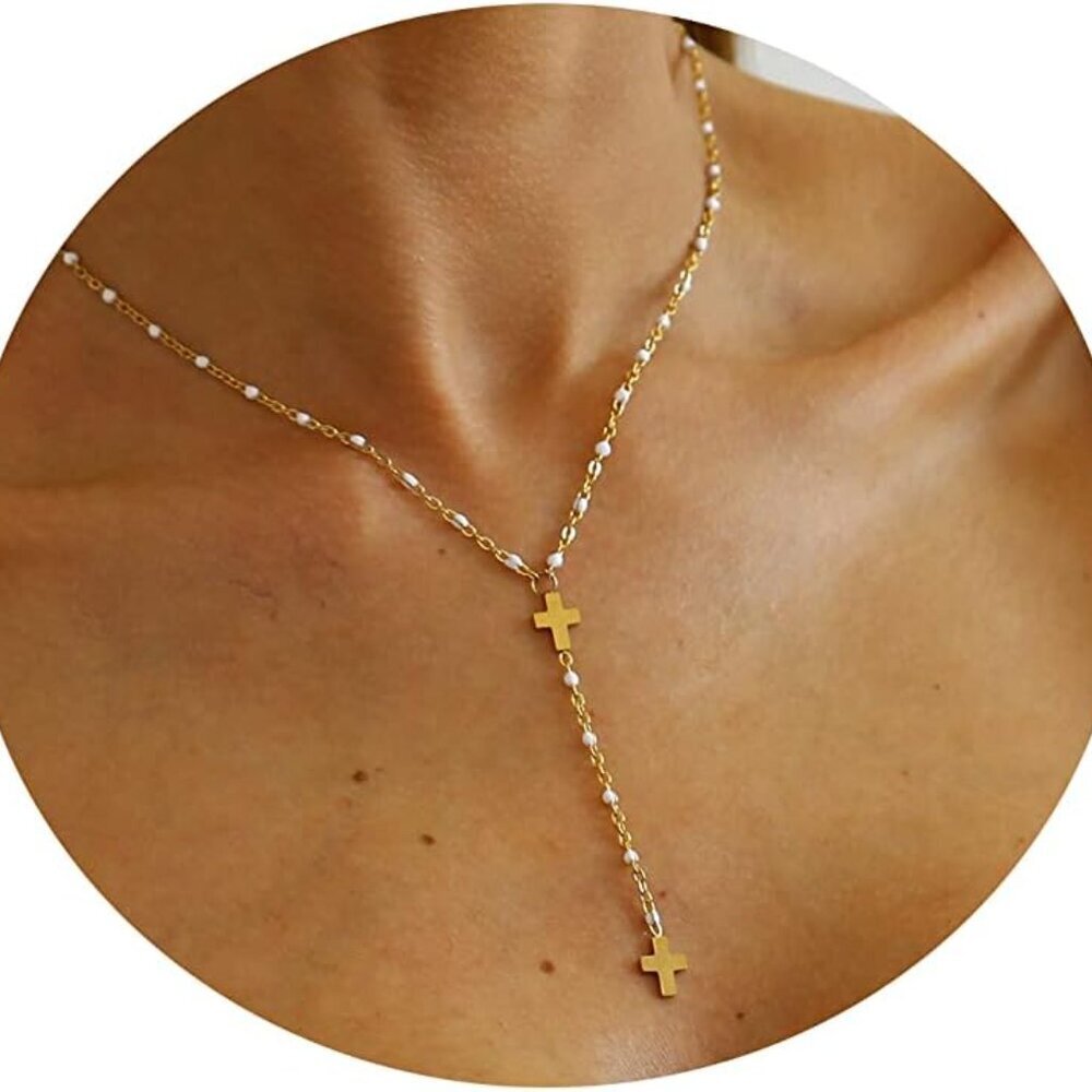 18K Gold Plated Y-Shaped Pearl Beads Cross Chain Necklace for Women